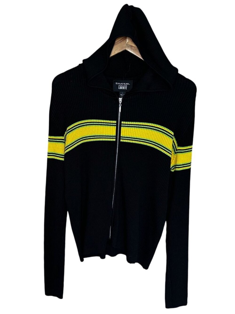 Vintage 90s Emanuel Ungaro Liberte Zip Front Sweater Hoodie Yellow Stripe Large
